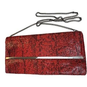 BCBGMaxazria Evelyn Red Metallic Clutch Shoulder Bag Chain Strap Party Holiday